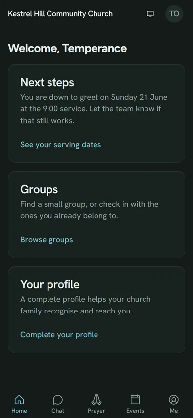 The member app home on a phone: next steps, groups and profile cards under the church name.