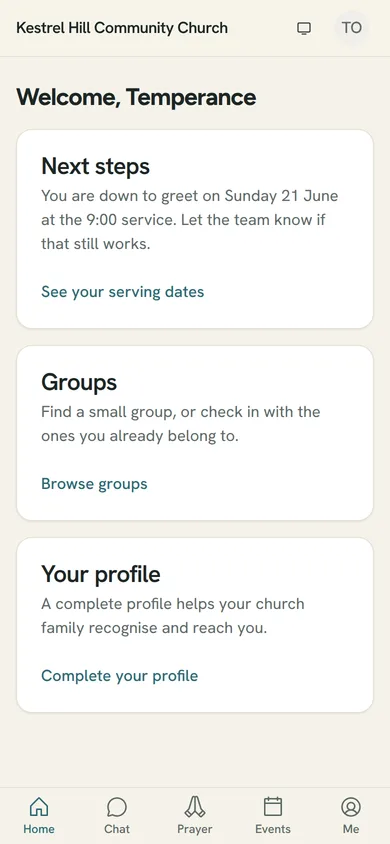 The member app home on a phone: next steps, groups and profile cards under the church name.