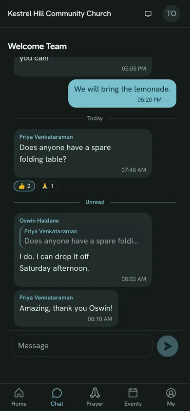 A group conversation in the member app: messages, a reply quote, reactions and the composer.