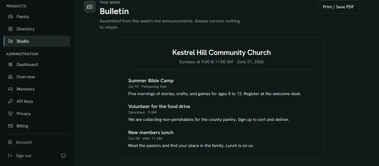 The printed bulletin assembled from this week's live announcements.
