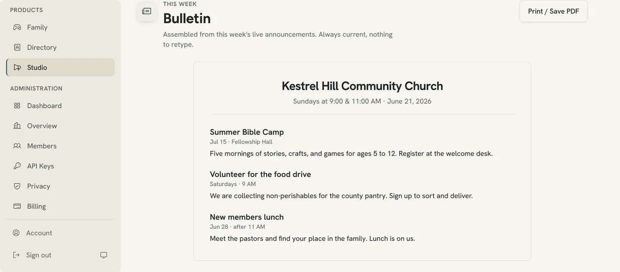 The printed bulletin assembled from this week's live announcements.