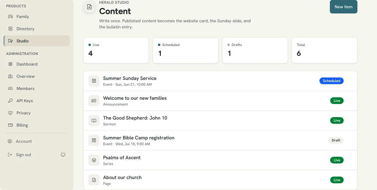 Studio content list: live, scheduled and draft items for a church, with a status overview strip.