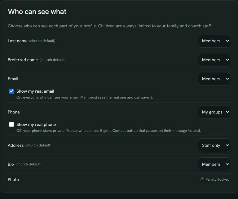 A member's privacy controls: who can see each profile field, and the printed directory opt-out.