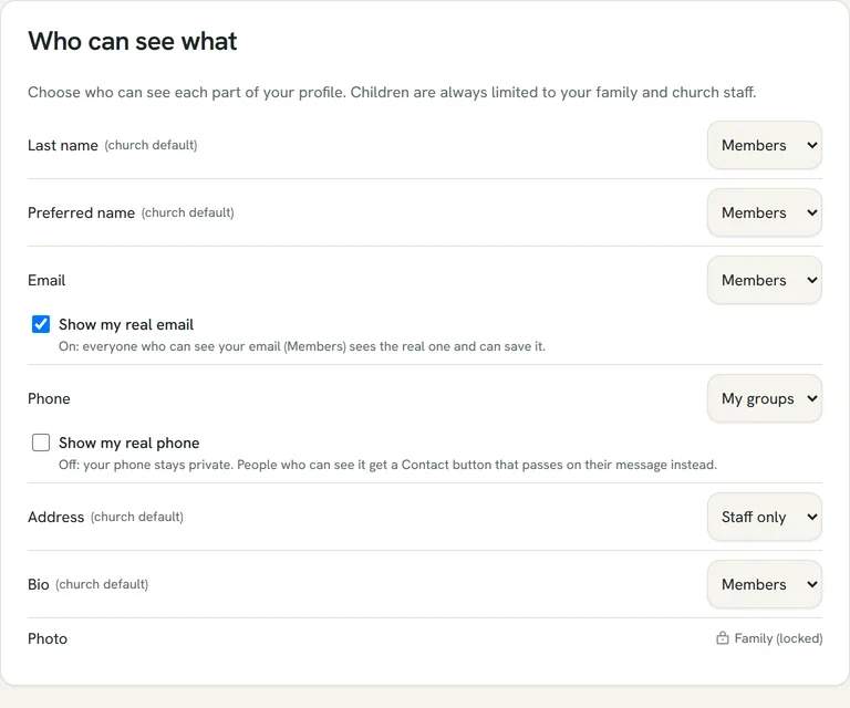 A member's privacy controls: who can see each profile field, and the printed directory opt-out.