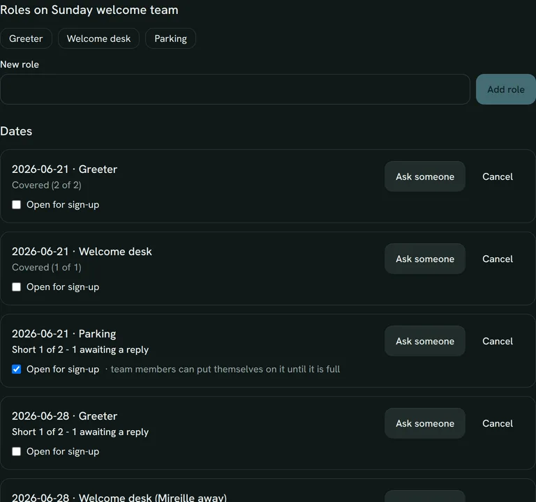 A volunteer rota for two Sundays: covered slots, one awaiting a reply, and a blockout worked around.