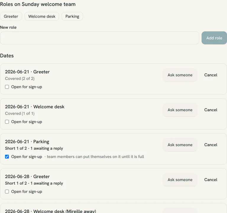A volunteer rota for two Sundays: covered slots, one awaiting a reply, and a blockout worked around.